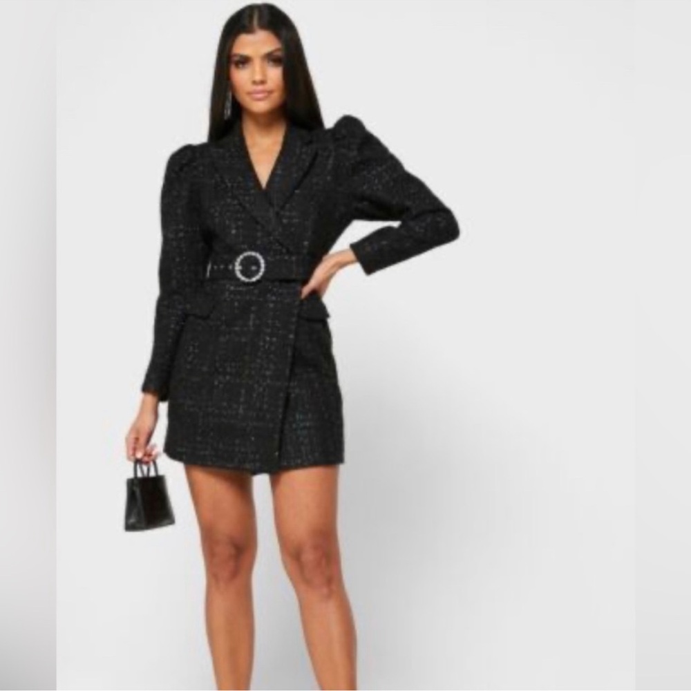 🆕 LAVISH ALICE Black Puff Sleeve Bouclé Tweed Belted Metallic Blazer Coat Dress